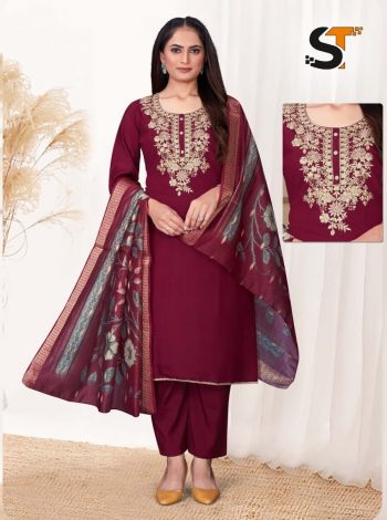 LATEST ROMAN SILK EMBROIDERY WORK TOP BOTTOM WITH DUPATTA MAROON