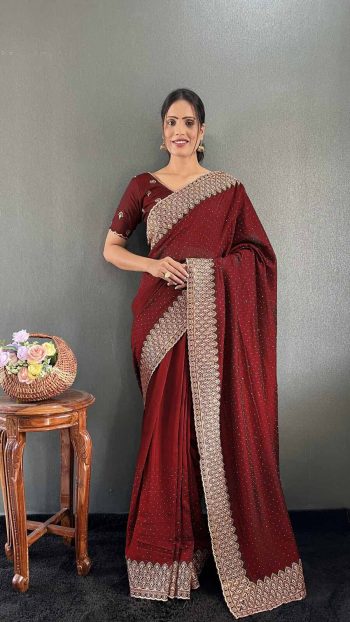 LATEST VICHITRA SILK ZARI WITH STONE AND CUT WORK BORDER READY TO WEAR SAREE WITH UNSTITCHED BLOUSE MAROON