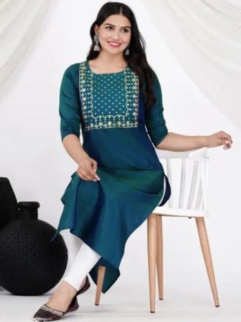 NEW ARRIVAL ART SILK EMBROIDERY WORK KURTI  RAMA