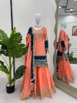 NEW ARRIVAL CHINON SILK EMBROIDERY CODING DORI SEQUENCE WORK TOP SHARARA WITH DUPATTA  PEACH