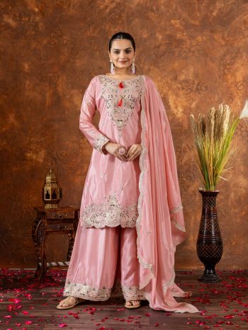 NEW ARRIVAL CHINON SILK EMBROIDERY SEQUENCE CODING DORI WITH FANCY LATKAN AND TASSLES WORK TOP PALAZZO WITH DUPATTA  BABY PINK