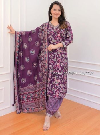 NEW ARRIVAL COTTON DIGITAL PRINTED WITH FULL EMBROIDERY WORK TOP PATIYALA WITH DUPATTA  LAVENDER