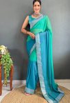 NEW ARRIVAL GEORGETTE TWO SHADED WITH  SILVER JACQUARD LACE BORDER WORK SAREE WITH UNSTITCHED BLOUSE SKY