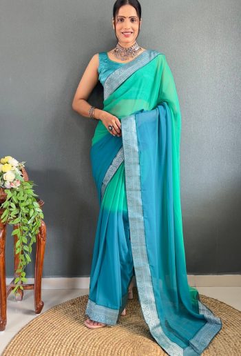 NEW ARRIVAL GEORGETTE TWO SHADED WITH  SILVER JACQUARD LACE BORDER WORK SAREE WITH UNSTITCHED BLOUSE SKY
