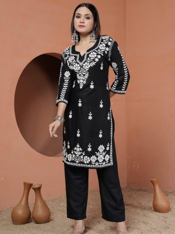 NEW ARRIVAL RAYON CHIKANKARI EMBROIDERY WORK TOP BOTTOM SET BLACK