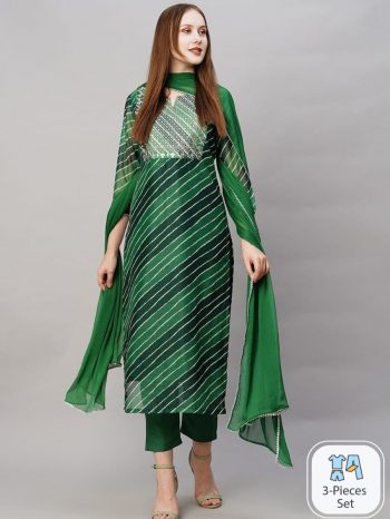 NEW ARRIVAL RAYON SLUB EMBROIDERY SEQUENCE WORK TOP BOTTOM WITH DUPATTA GREEN