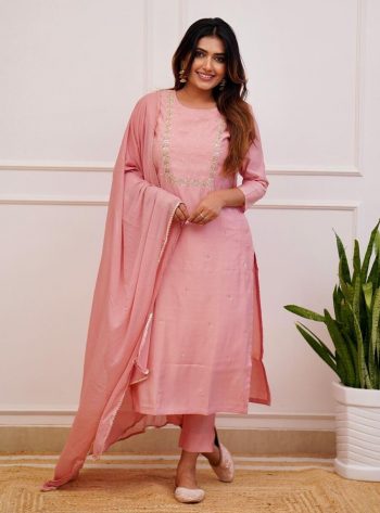 NEW ARRIVAL RAYON SLUB EMBROIDERY WORK TOP BOTTOM WITH DUPATTA  BABY PINK