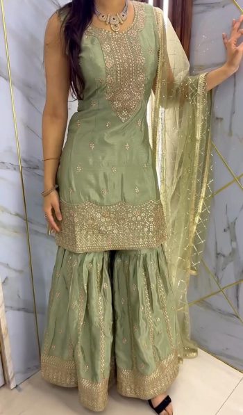 RICH LOOK CHINON SILK EMBROIDERY SEQUENCE WORK TOP SHARARA WITH DUPATTA PISTA