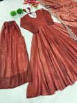 1RICH LOOK FENDI SILK PLAIN GOWN PALAZZO WITH EMBROIDERY SEQUENCE WORK DUPATTA PARTY WEAR WHOLESALE PRICE ETHNIC GARMENT (9)