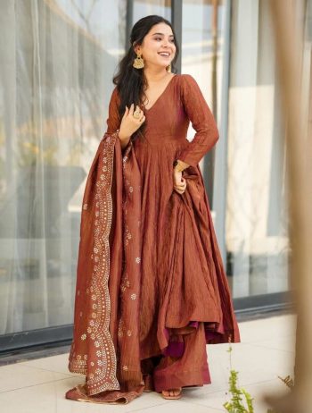 RICH LOOK FENDI SILK PLAIN GOWN PALAZZO WITH EMBROIDERY SEQUENCE WORK DUPATTA  PEACH