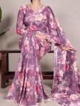 RICH LOOK GEORGETTE DIGITAL PRINT AND PEARL LACE BORDER WORK SAREE WITH UNSTITCHED BLOUSE  WINE