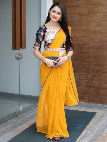 RICH LOOK GEORGETTE READY MADE LACE WORK SAREE WITH EMBROIDERY ZARI THREAD SEQUENCE WORK STITCHED BLOUSE AND WAIST BELT  YELLOW