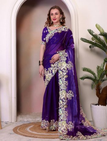 TRENDING JIMMY CHOO EMBROIDERY SEQUENCE THREAD CODING WORK SAREE WITH UNSTITCHED BLOUSE  PURPLE