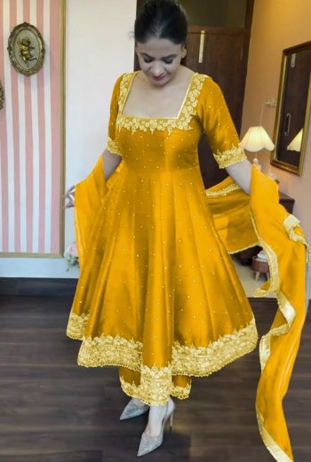TRENDING VICHITRA SILK EMBROIDERY SEQUENCE WORK GOWN BOTTOM WITH DUPATTA  YELLOW