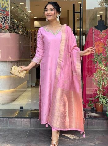 DESIGNER BANANA SILK ZARI AND JACQUARD WORK WITH LINING WORK TOP BOTTOM WITH DUPATTA BABY PINK
