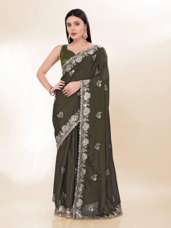 DESIGNER CHINON SILK SEQUENCE EMBROIDERY SAREE WITH UNSTITCHED BLOUSE  MEHNDI