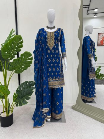 DESIGNER FAUX GEORGETTE THREAD WITH SEQUENCE  WORK TOP PALAZZO WITH DUPATTA  NAVY BLUE