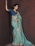DESIGNER GOLD CRUNCHY EMBROIDERED WORK OF MULTI THREAD SEQUENCE WITH CUTWORK BORDER SAREE WITH UNSTITCHED BLOUSE SEA GREEN