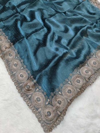 DESIGNER JIMMY CHOO EMBROIDERY WORK WITH CUT WORK BORDER AND DIAMOND WORK SAREE WITH UNSTITCHED BLOUSE  NAVY BLUE