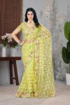 FANCY BUTTERFLY NET EMBROIDERY MULTI THREAD CHAIN STITCH WORK SAREE WITH UNSTITCHED BLOUSE LEMON