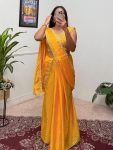 FANCY CHINON EMBROIDERY LACE BORDER WORK READY TO WEAR SAREE WITH STITCHED BLOUSE  YELLOW