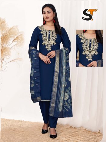 LATEST ROMAN SILK EMBROIDERY WORK TOP BOTTOM WITH DUPATTA NAVY BLUE