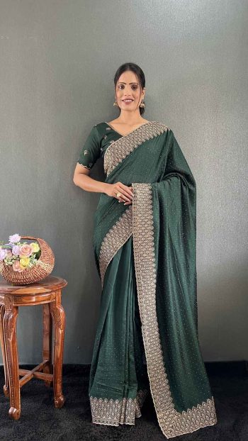 LATEST VICHITRA SILK ZARI WITH STONE AND CUT WORK BORDER READY TO WEAR SAREE WITH UNSTITCHED BLOUSE GREEN