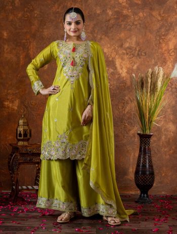 NEW ARRIVAL CHINON SILK EMBROIDERY SEQUENCE CODING DORI WITH FANCY LATKAN AND TASSLES WORK TOP PALAZZO WITH DUPATTA  PARROT GREEN