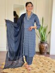 NEW ARRIVAL MUSLIN SEQUENCE EMBROIDERY WORK  TOP BOTTOM WITH DUPATTA NAVY BLUE