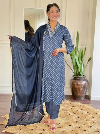 NEW ARRIVAL MUSLIN SEQUENCE EMBROIDERY WORK  TOP BOTTOM WITH DUPATTA NAVY BLUE