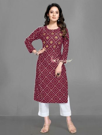 NEW ARRIVAL RAYON BANDHANI PRINTED KURTI  MAROON