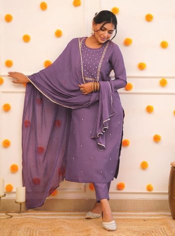 NEW ARRIVAL RAYON SLUB EMBROIDERY WORK TOP BOTTOM WITH DUPATTA  LAVENDER