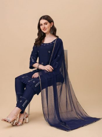 RICH LOOK RAYON PAPER MIRROR WORK TOP BOTTOM WITH DUPATTA  NAVY BLUE