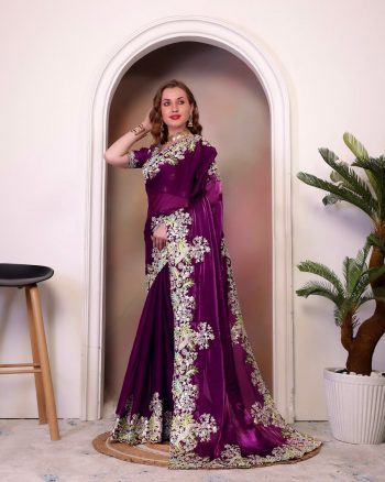 TRENDING JIMMY CHOO EMBROIDERY SEQUENCE THREAD CODING WORK SAREE WITH UNSTITCHED BLOUSE  WINE