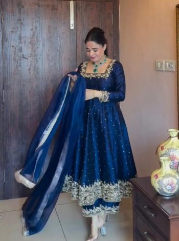 TRENDING VICHITRA SILK EMBROIDERY SEQUENCE WORK GOWN BOTTOM WITH DUPATTA  BLUE