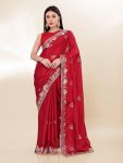 DESIGNER CHINON SILK SEQUENCE EMBROIDERY SAREE WITH UNSTITCHED BLOUSE  RED