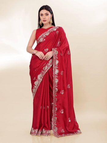 DESIGNER CHINON SILK SEQUENCE EMBROIDERY SAREE WITH UNSTITCHED BLOUSE  RED