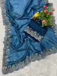 3DESIGNER GOLD CRUNCHY EMBROIDERED WORK OF MULTI THREAD SEQUENCE WITH CUTWORK BORDER SAREE WITH UNSTITCHED BLOUSE FESTIVE WEAR WHOLESALE PRICE ETHNIC GARMENT(58)