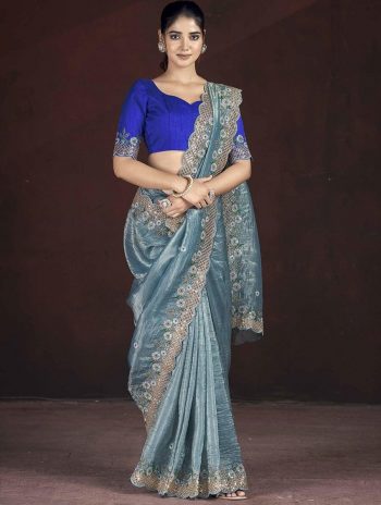 DESIGNER GOLD CRUNCHY EMBROIDERED WORK OF MULTI THREAD SEQUENCE WITH CUTWORK BORDER SAREE WITH UNSTITCHED BLOUSE SKY