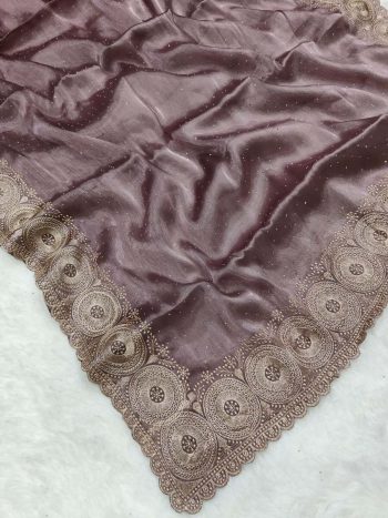DESIGNER JIMMY CHOO EMBROIDERY WORK WITH CUT WORK BORDER AND DIAMOND WORK SAREE WITH UNSTITCHED BLOUSE  ONION
