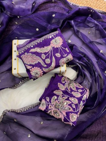 DESIGNER JIMMY CHOO SILK EMBROIDERY SEQUENCE WOR BORDER AND SEQUENCE BUTTI WORK  SAREE WITH UNSTITCHED BLOUSE  PURPLE