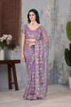 FANCY BUTTERFLY NET EMBROIDERY MULTI THREAD CHAIN STITCH WORK SAREE WITH UNSTITCHED BLOUSE LAVENDER