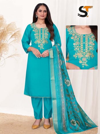 LATEST ROMAN SILK EMBROIDERY WORK TOP BOTTOM WITH DUPATTA SKY