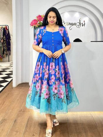 LATEST SOFT ORGANZA DIGITAL PRINTED ONE PIECE  BLUE