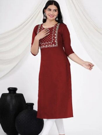 NEW ARRIVAL ART SILK EMBROIDERY WORK KURTI  MAROON