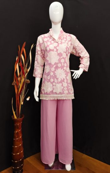 GEORGETTE SEQUENCE AND COTTON EMBROIDERY WORK TOP PALAZZO SET BABY PINK