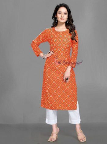 NEW ARRIVAL RAYON BANDHANI PRINTED KURTI  ORANGE