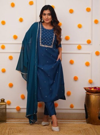 NEW ARRIVAL RAYON SLUB EMBROIDERY WORK TOP BOTTOM WITH DUPATTA  BLUE