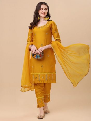 RICH LOOK RAYON PAPER MIRROR WORK TOP BOTTOM WITH DUPATTA  YELLOW