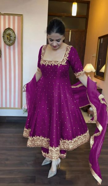 TRENDING VICHITRA SILK EMBROIDERY SEQUENCE WORK GOWN BOTTOM WITH DUPATTA  WINE